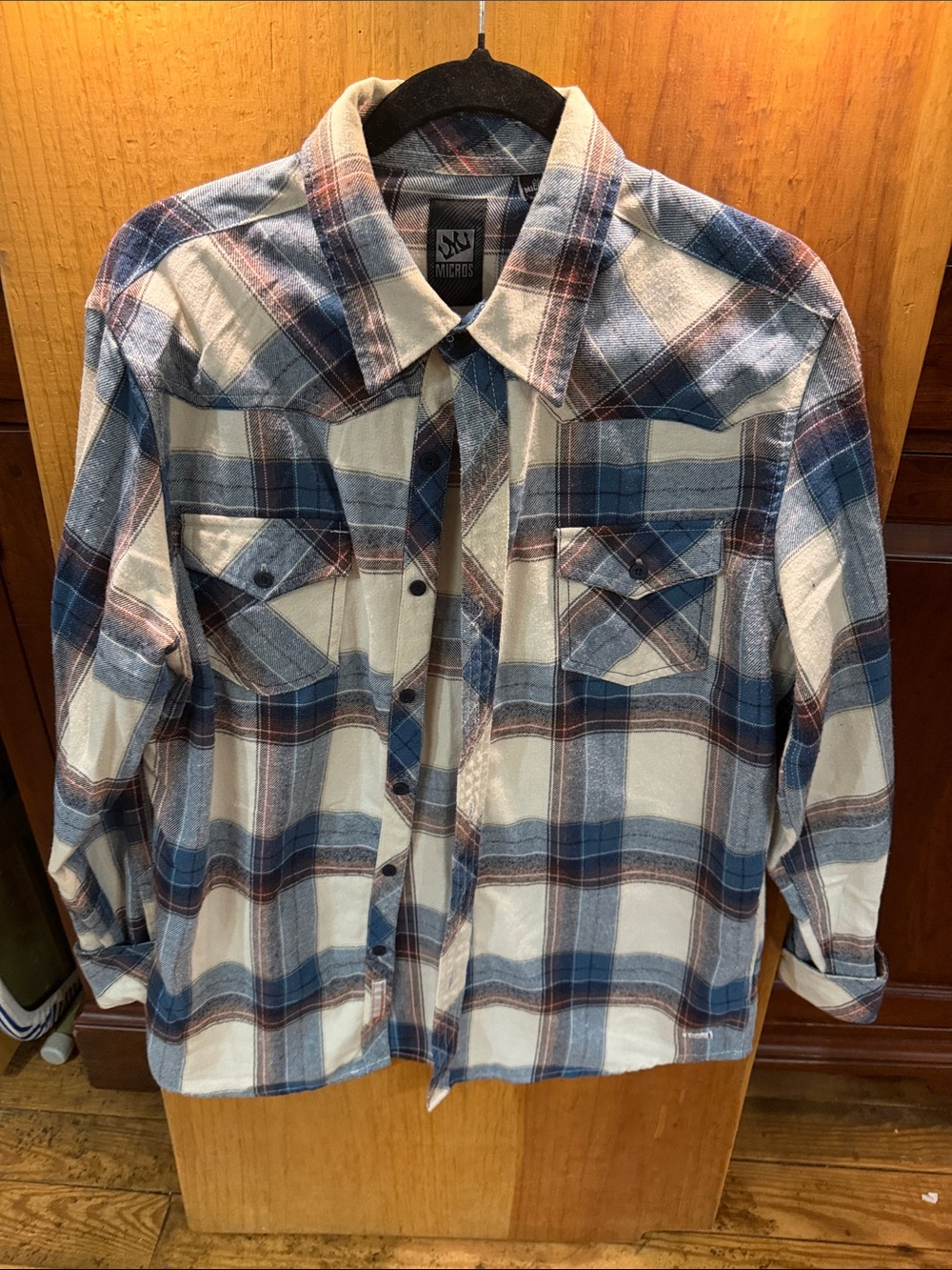 Micros Men's Blue and Cream Plaid Button-Down Shirt